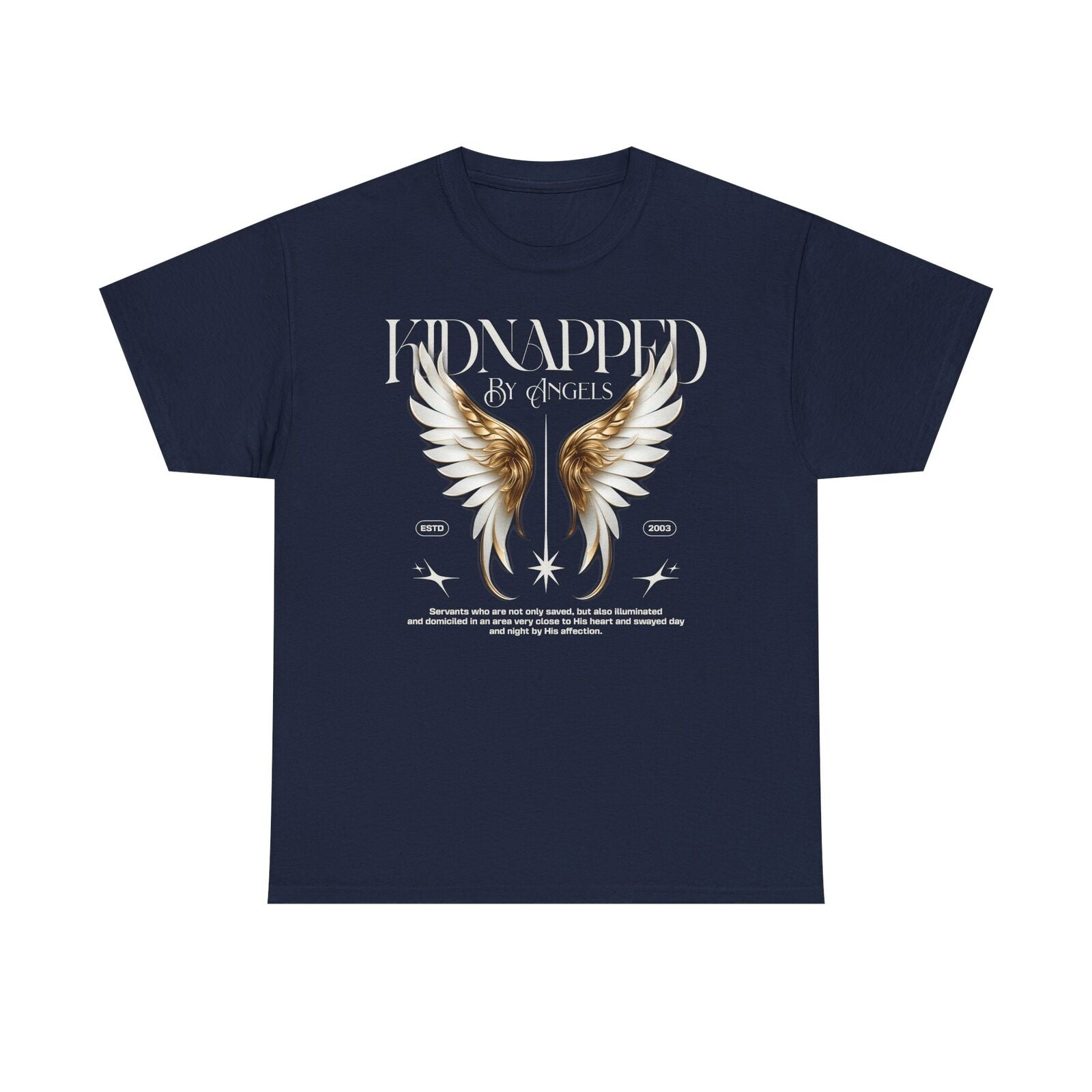 Stylish Men's T-Shirt with Ornate Angel Wings Design - KIDNAPPED BY ANGELS 2003