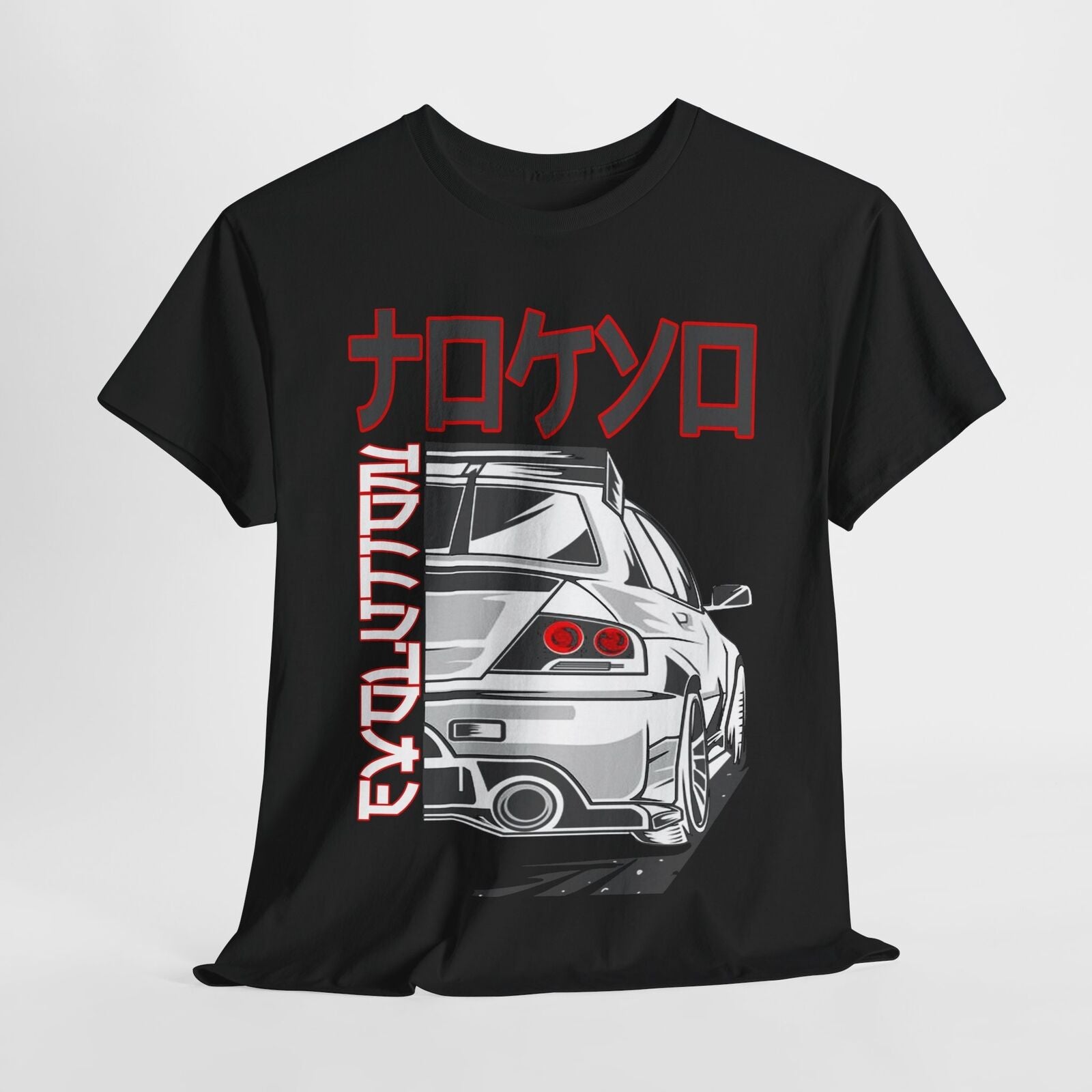 Dynamic Men's T-Shirt Featuring Grayscale Racing Car and Bold Japanese Kanji Art
