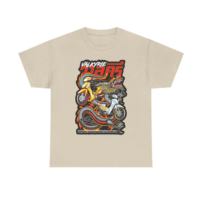 "Men's Graphic T-Shirt: Fiery Dragon & Motorcycle Art | VALKYRIE Bold Design"