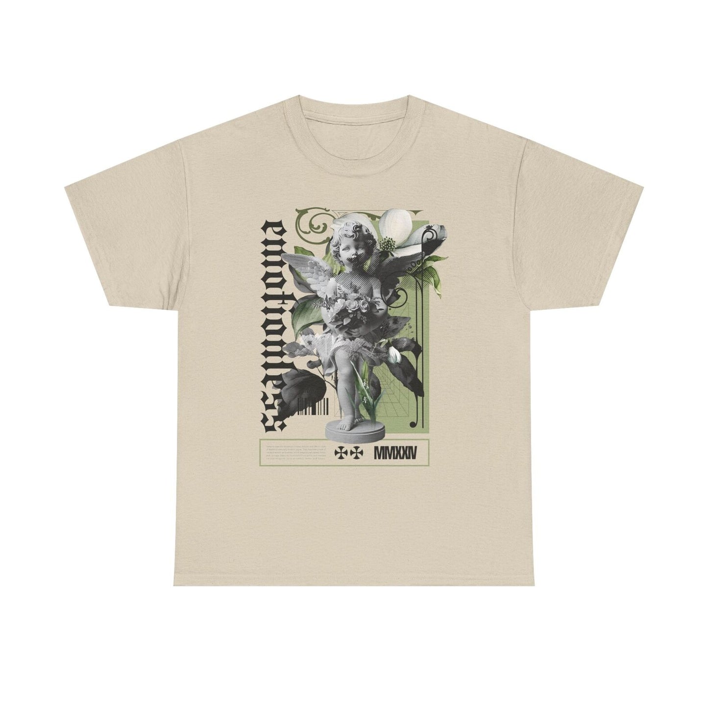 Stylish Men's T-Shirt Featuring Grayscale Angel Artwork and Gothic Floral Design