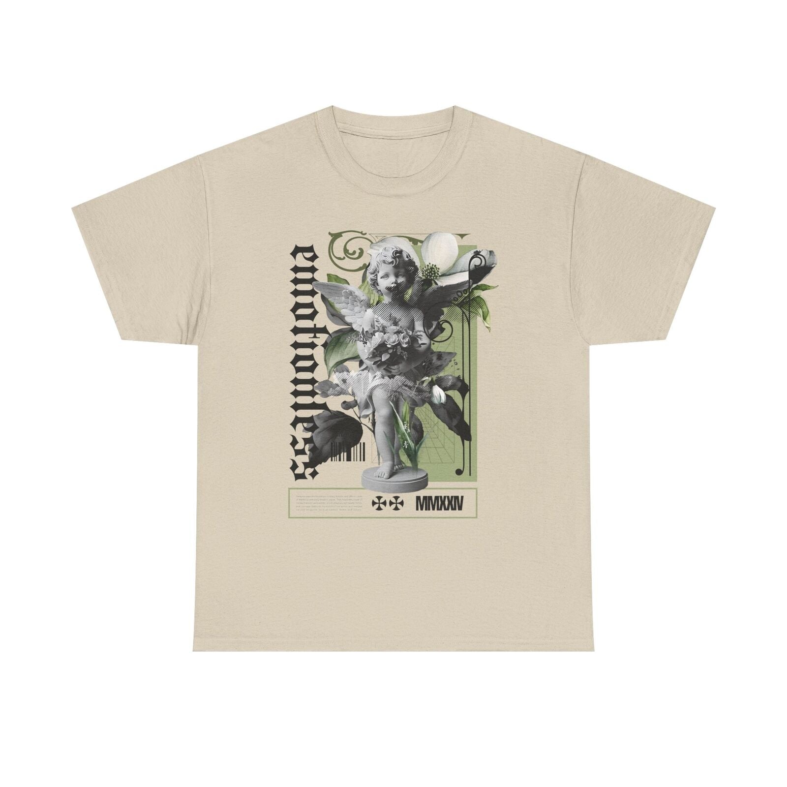 Stylish Men's T-Shirt Featuring Grayscale Angel Artwork and Gothic Floral Design
