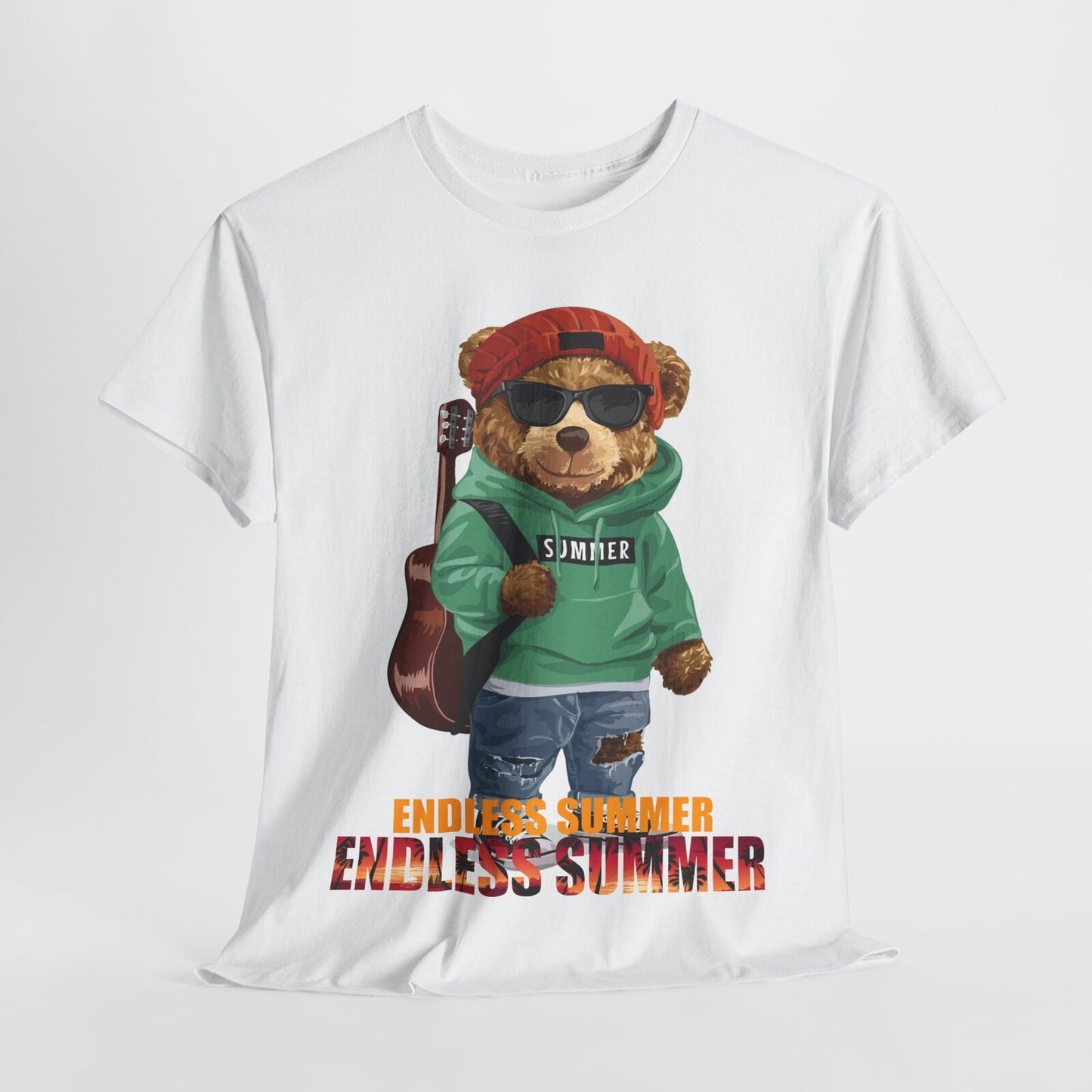 Endless Summer Teddy Bear Men's T-Shirt - Cool Bear in Hoodie with Guitar Design