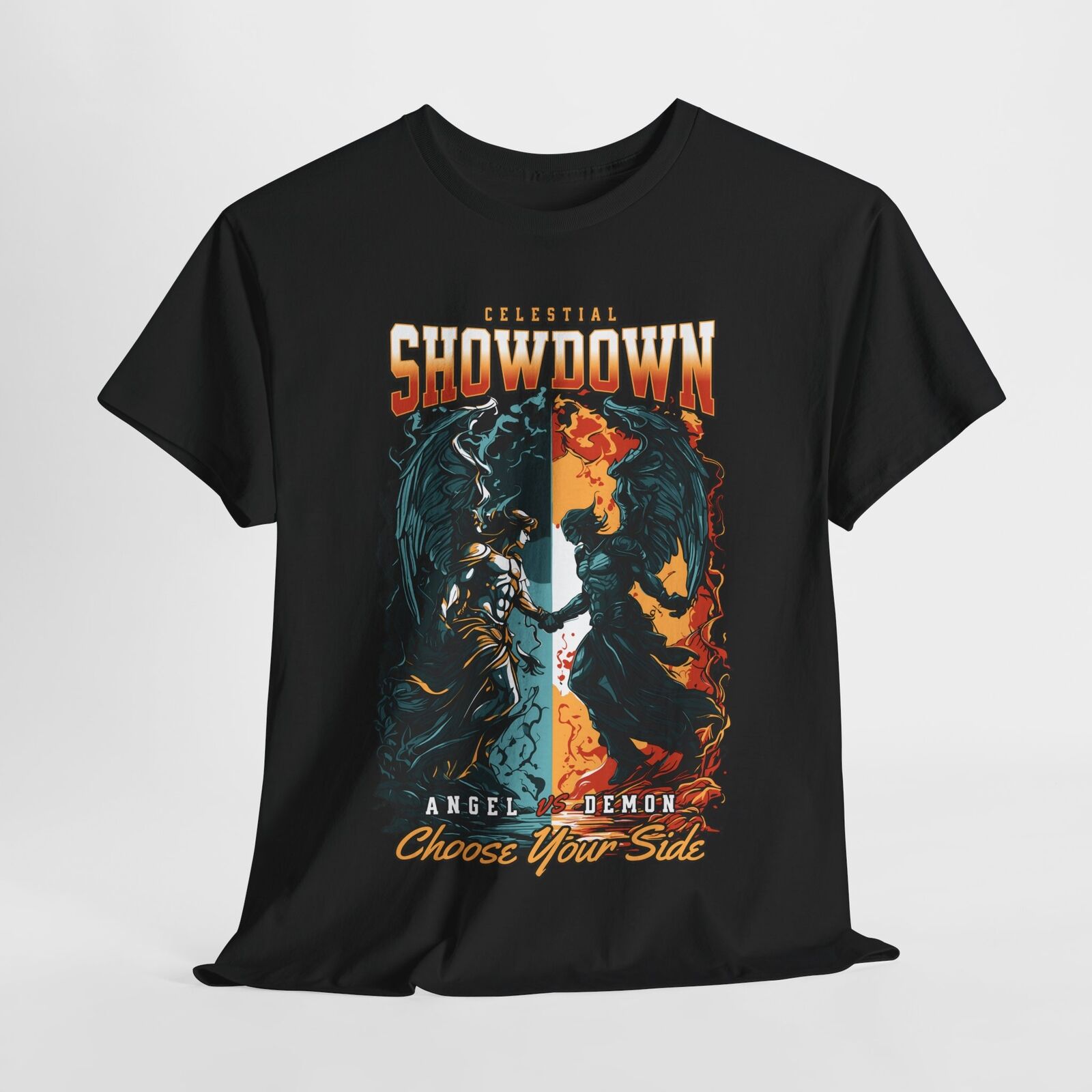 Men's T-Shirt with Celestial Showdown Angel vs Demon Graphic Design, Choose Side