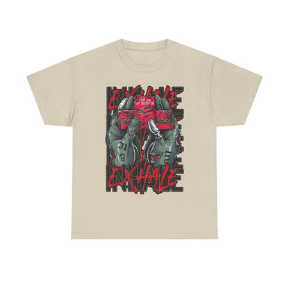 "Men's T-Shirt with Bold Zombie Hands Graphic: 'Inhale Exhale' Statement Design"