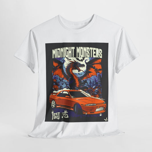 Epic Dragon Graphic T-Shirt: Retro Pixel Art, Moonlit City & Orange Sports Car!