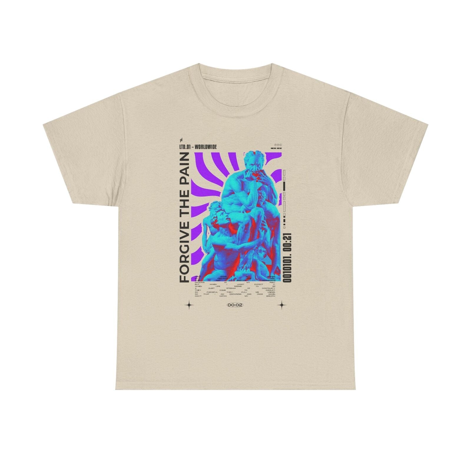 Vibrant Men's T-Shirt Design: "FORGIVE THE PAIN" with Classic Sculpture Artistry