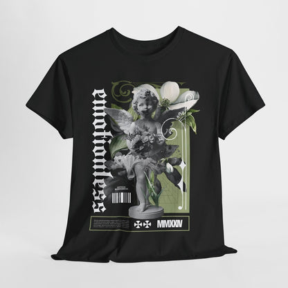 Stylish Men's T-Shirt Featuring Grayscale Angel Artwork and Gothic Floral Design