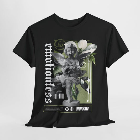 Stylish Men's T-Shirt Featuring Grayscale Angel Artwork and Gothic Floral Design