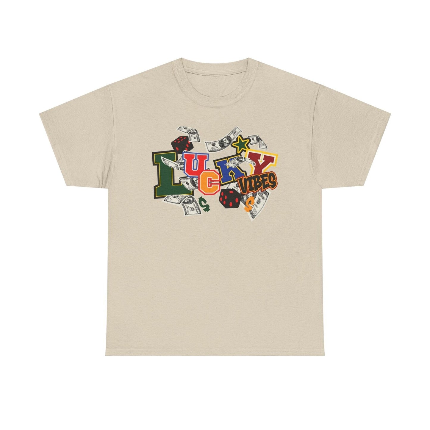 LUCKY VIBES T-Shirt: Bold Graphic Design with Colorful Dollar Bills & Dice Art