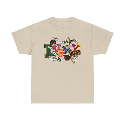 LUCKY VIBES T-Shirt: Bold Graphic Design with Colorful Dollar Bills & Dice Art