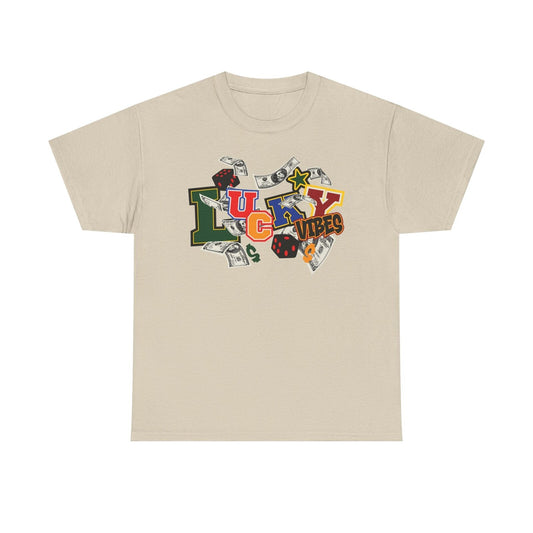 LUCKY VIBES T-Shirt: Bold Graphic Design with Colorful Dollar Bills & Dice Art