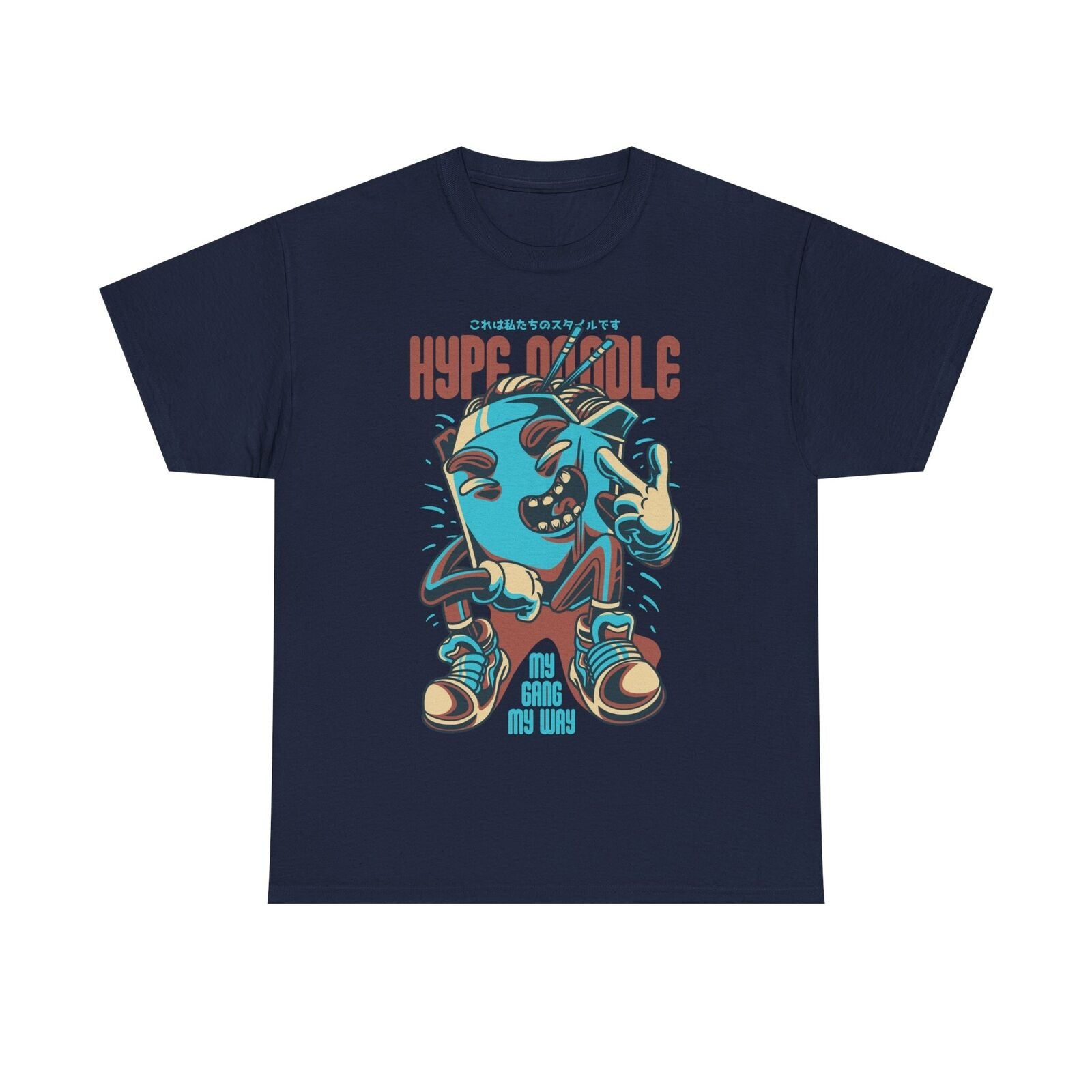 "Vibrant Men's T-Shirt with Cartoon Hype Noodle Design - My Gang My Way Style"