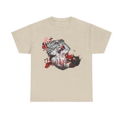 Dynamic Anime Men's T-Shirt with Bold Black and White Illustration, Red Accents