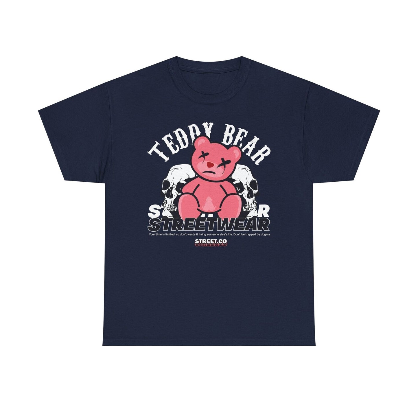 Men's Graphic T-Shirt: Distressed Pink Teddy Bear Between Skulls Streetwear Vibe