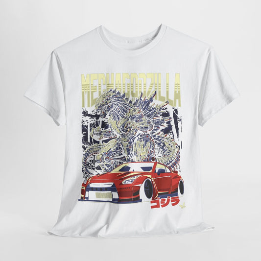 Epic MechaGodzilla Graphic Tee - Pixel Art, Cityscape & Sports Car Design