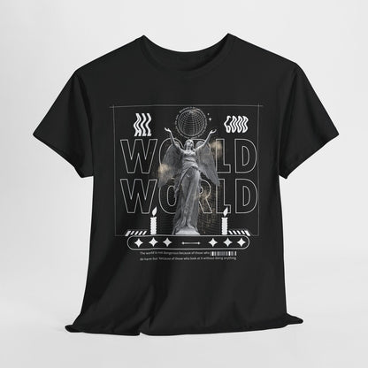 Eye-Catching Men's T-Shirt with Grayscale Angel Statue and Bold "WORLD" Design