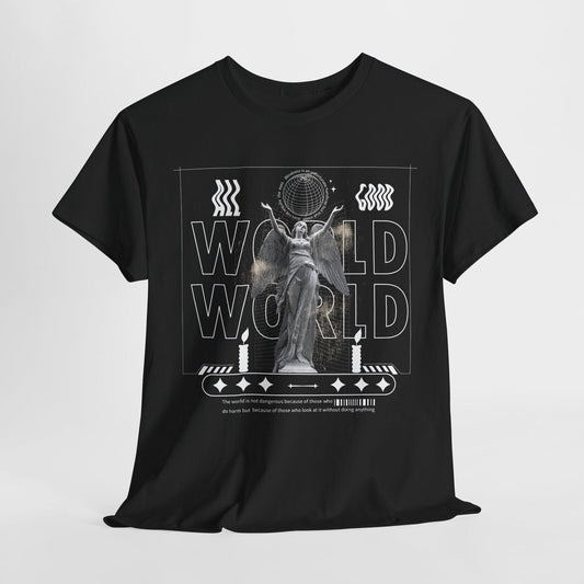 Eye-Catching Men's T-Shirt with Grayscale Angel Statue and Bold "WORLD" Design
