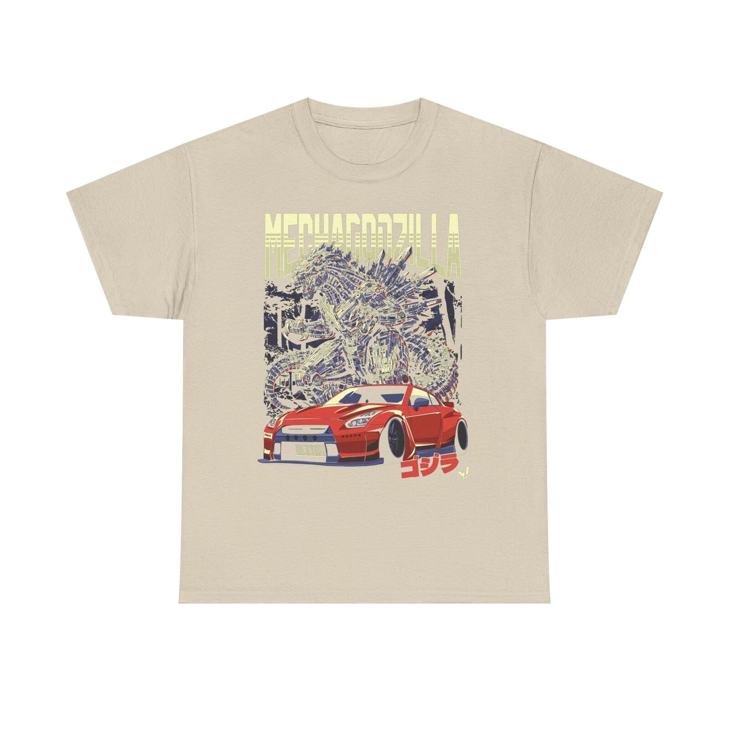 Epic MechaGodzilla Graphic Tee - Pixel Art, Cityscape & Sports Car Design