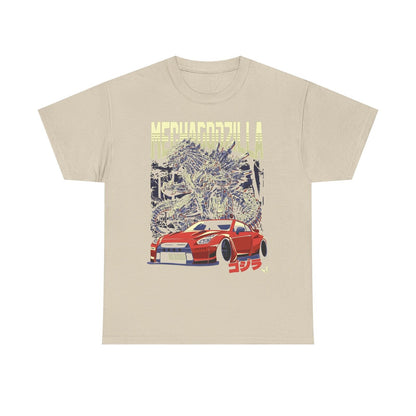 Epic MechaGodzilla Graphic Tee - Pixel Art, Cityscape & Sports Car Design