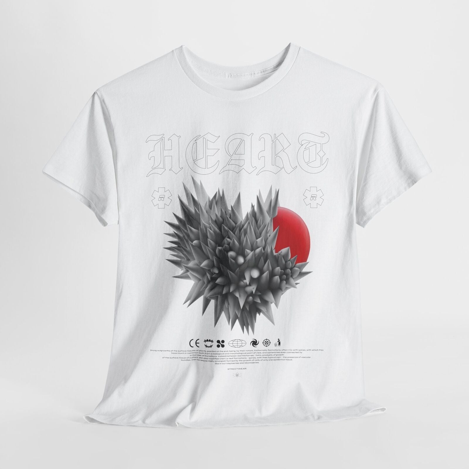 Stylish Gothic Heart T-Shirt Design  Abstract Spiky Cluster & Vibrant Red Circle