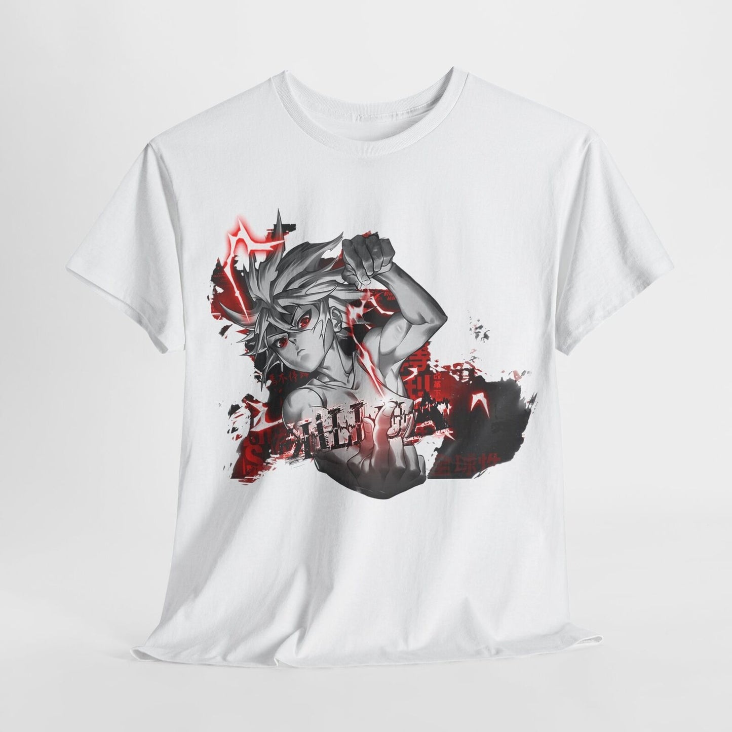 Dynamic Anime Men's T-Shirt with Bold Black and White Illustration, Red Accents