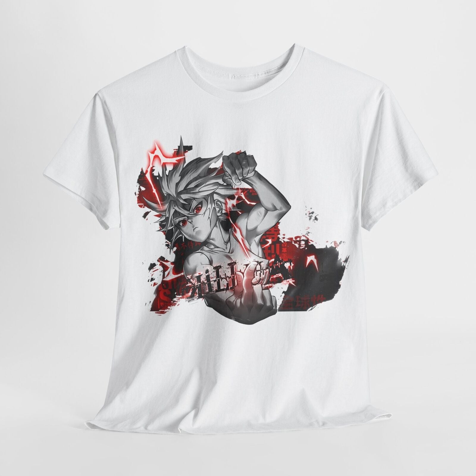 Dynamic Anime Men's T-Shirt with Bold Black and White Illustration, Red Accents