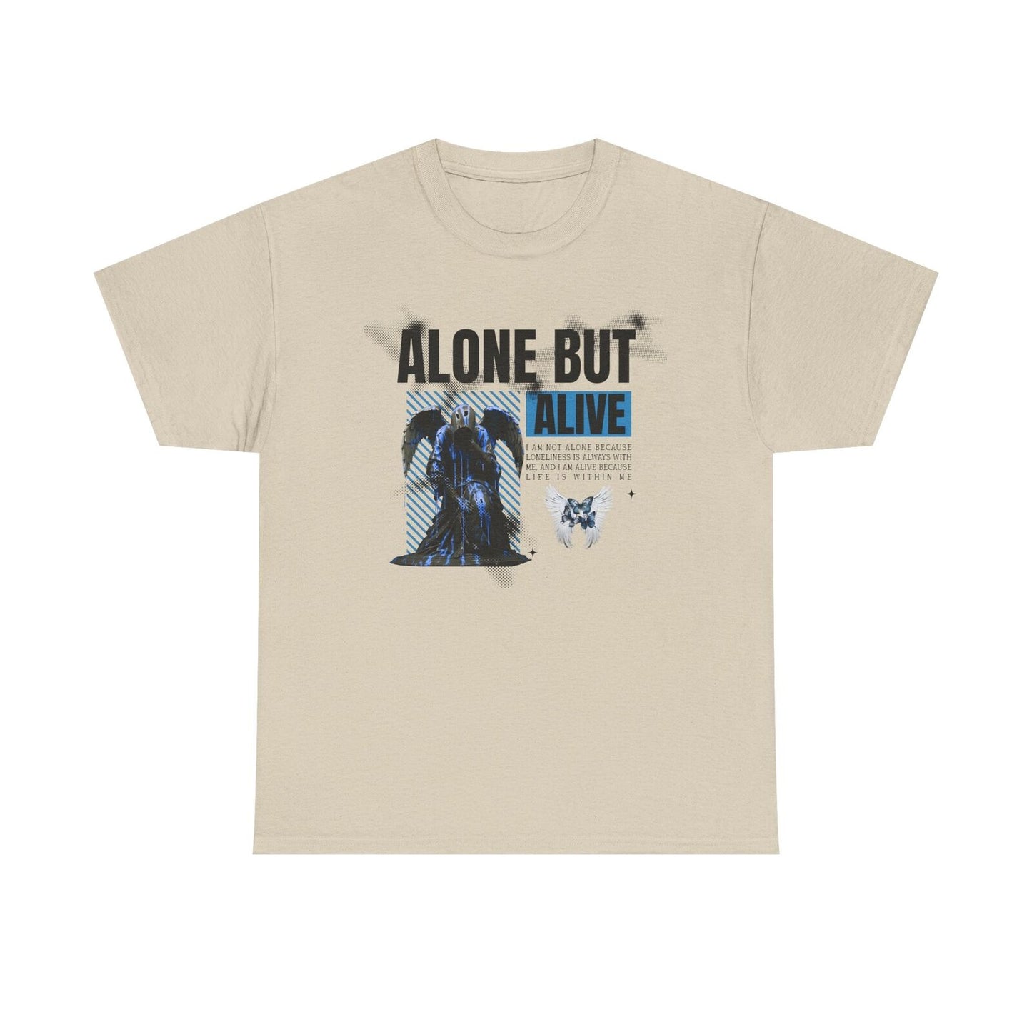 Men's T-Shirt: Bold 'ALONE BUT ALIVE' Graphic with Winged Statue & Angel Wings