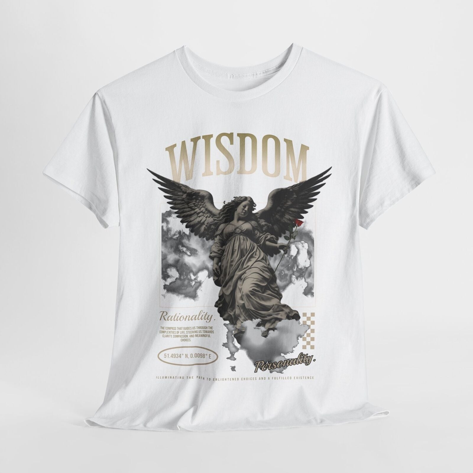 Stylish Men's T-Shirt with Winged Angel Graphic, Wisdom, Rationality Coordinates
