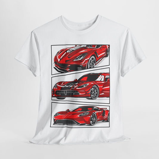 Rev Up Your Style: Graphic T-Shirt Featuring Iconic Red Sports Cars in Motion!