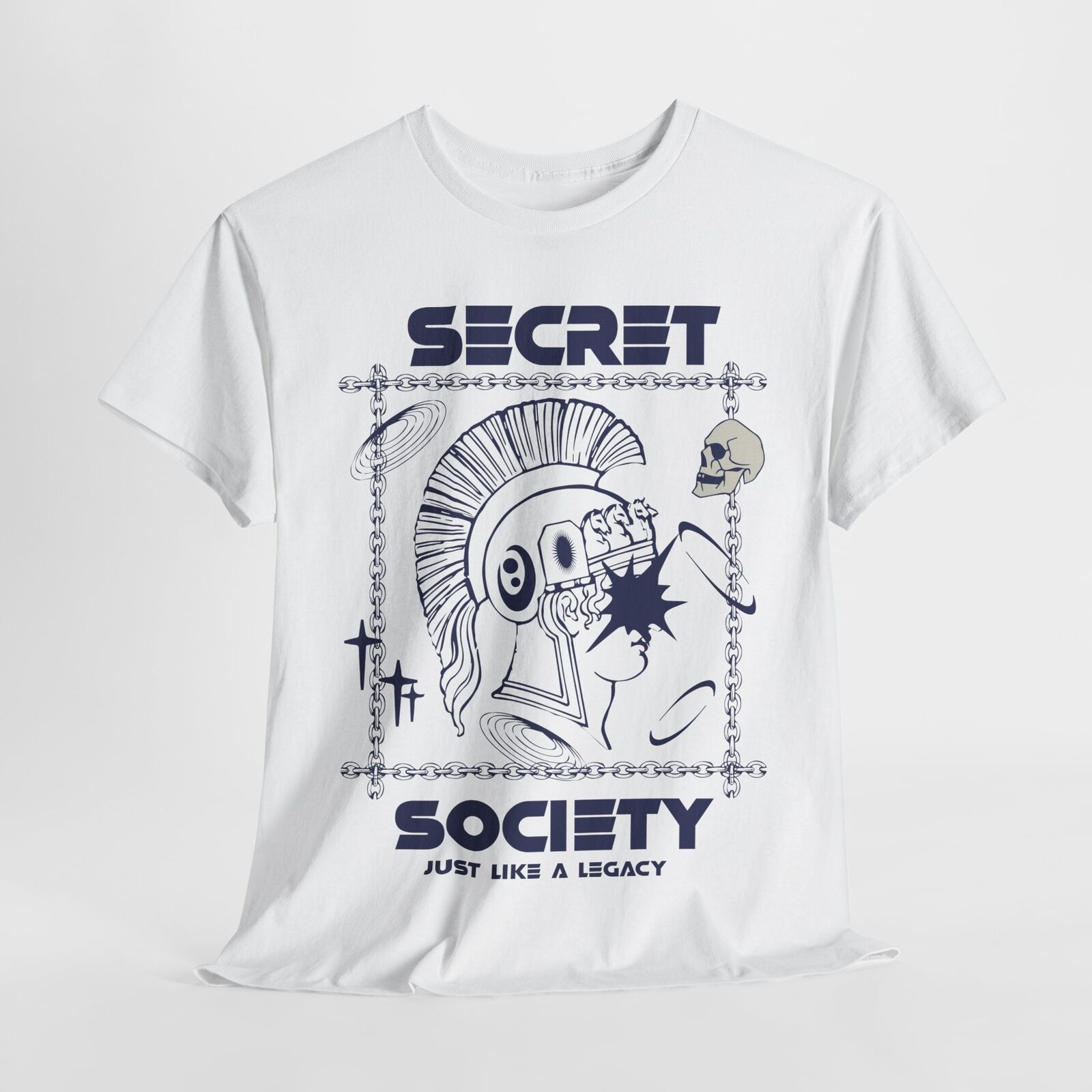 Men's T-Shirt with Bold Futuristic Mohawk Figure, Skull & 'Secret Society' Text