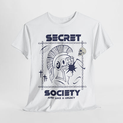 Men's T-Shirt with Bold Futuristic Mohawk Figure, Skull & 'Secret Society' Text