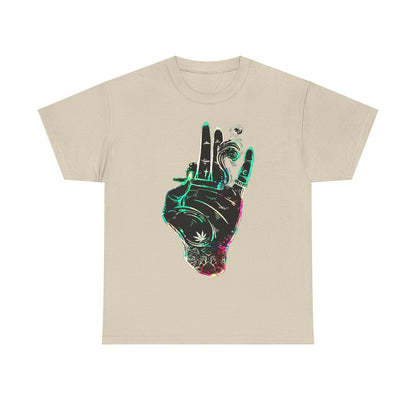 Vibrant Men's T-Shirt Tattoo-Style Hand Holding Joint and Psychedelic Designs