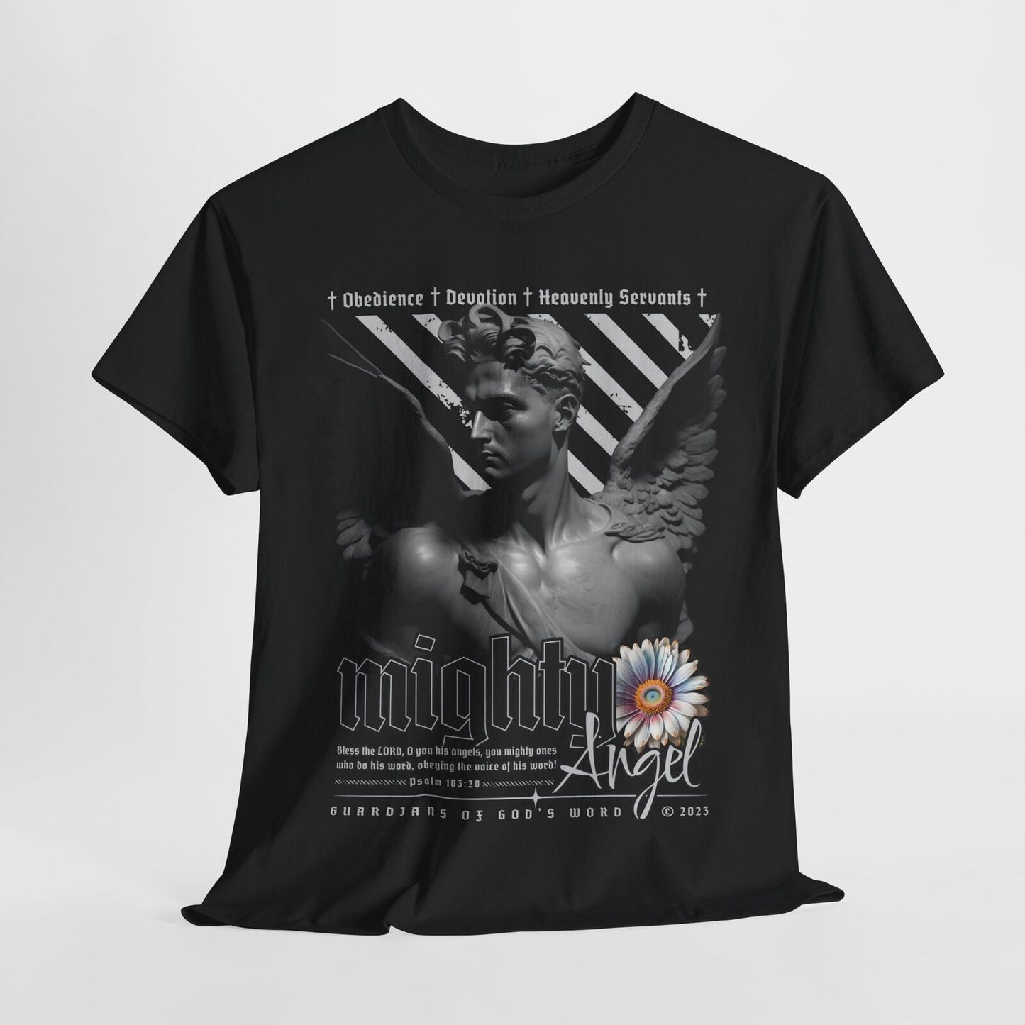 Mighty Angel Men's T-Shirt Grayscale Graphic Design with Inspirational Verse Art