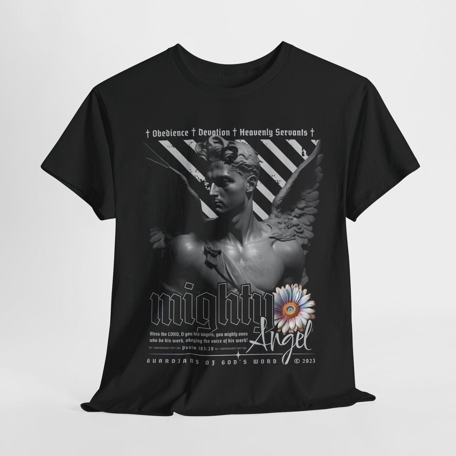 Mighty Angel Men's T-Shirt Grayscale Graphic Design with Inspirational Verse Art