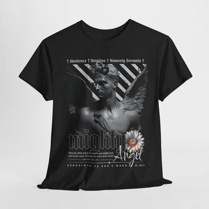 Mighty Angel Men's T-Shirt Grayscale Graphic Design with Inspirational Verse Art