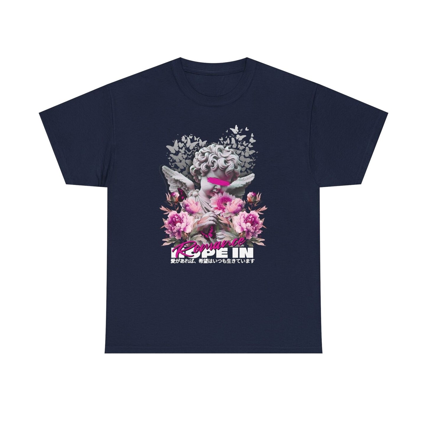 Artistic Men's T-Shirt Featuring Cherubic Angel, Romantic Flowers Hopeful Design