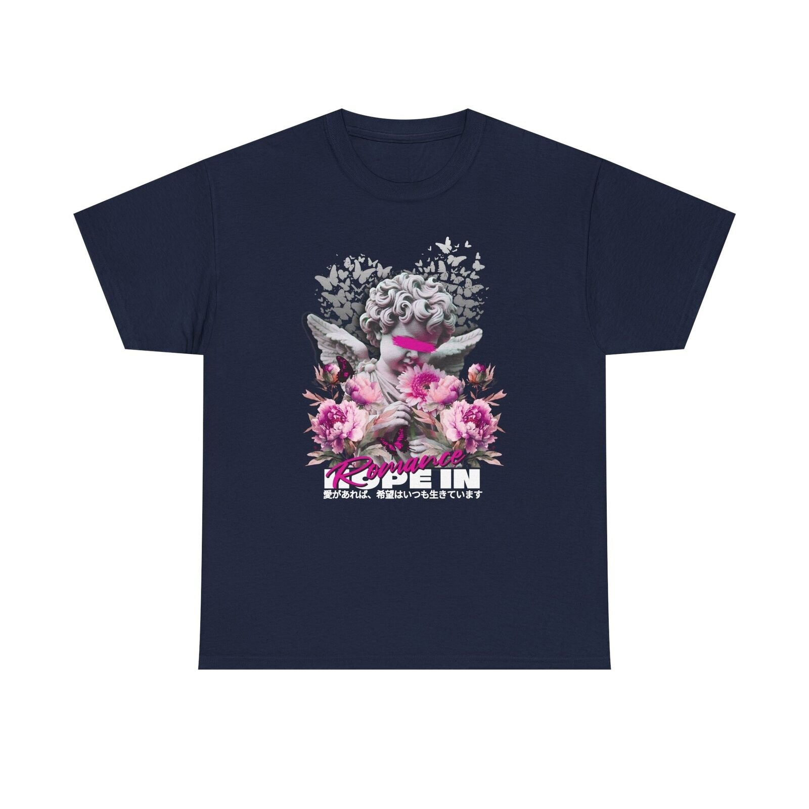 Artistic Men's T-Shirt Featuring Cherubic Angel, Romantic Flowers Hopeful Design