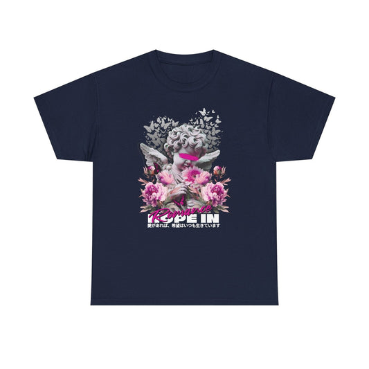 Artistic Men's T-Shirt Featuring Cherubic Angel, Romantic Flowers Hopeful Design