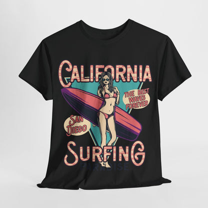 Vintage Mens T-Shirt with California Surfing Graphic, Retro Bikini Surfer Design