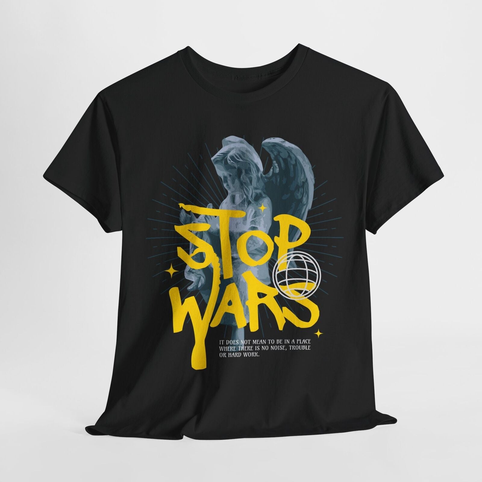 Men's T-Shirt: Cherubic Angel Statue, Bold 'STOP WARS' Graphic Tee, Unique Art