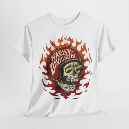 Bold Skull in Red Helmet T-Shirt: Vintage Harley Davidson Flames Design!