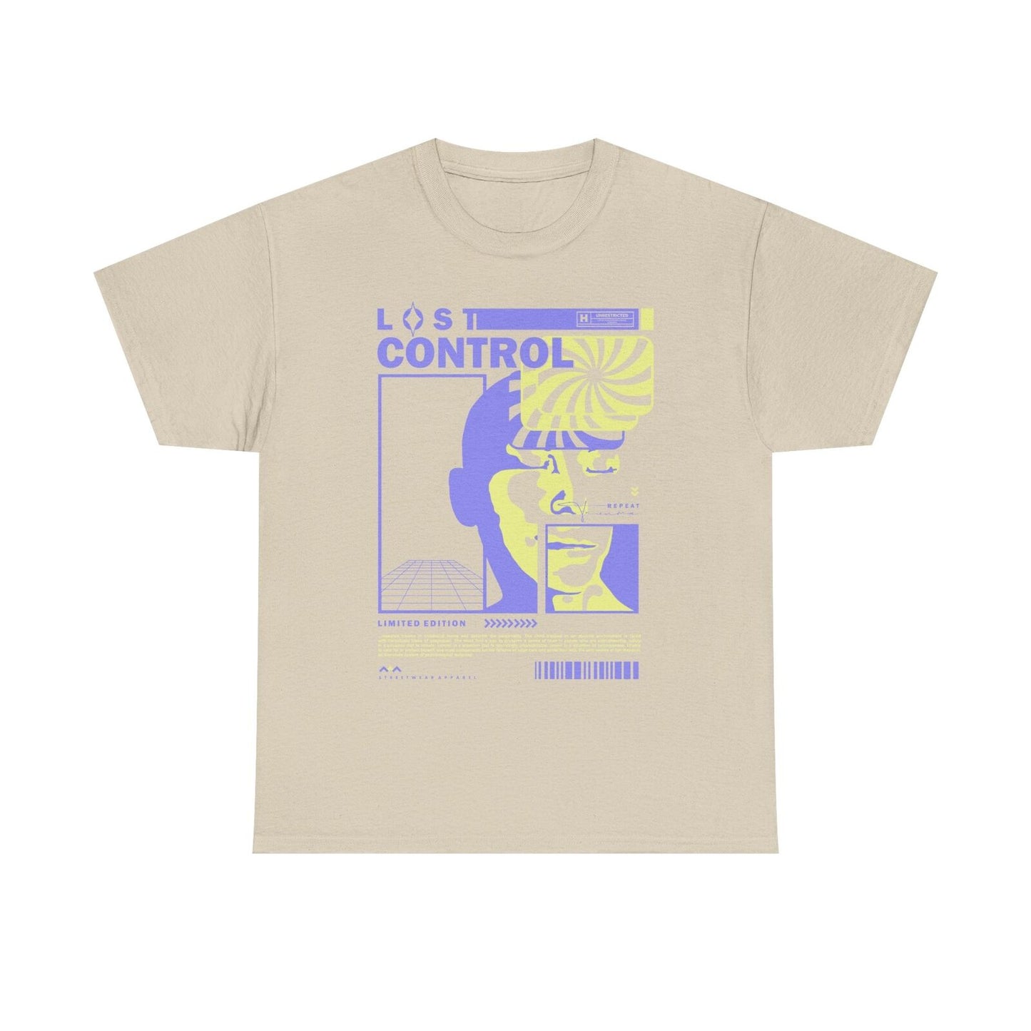 Vibrant Graphic T-Shirt Design Featuring 'LOST CONTROL' with Surreal Elements