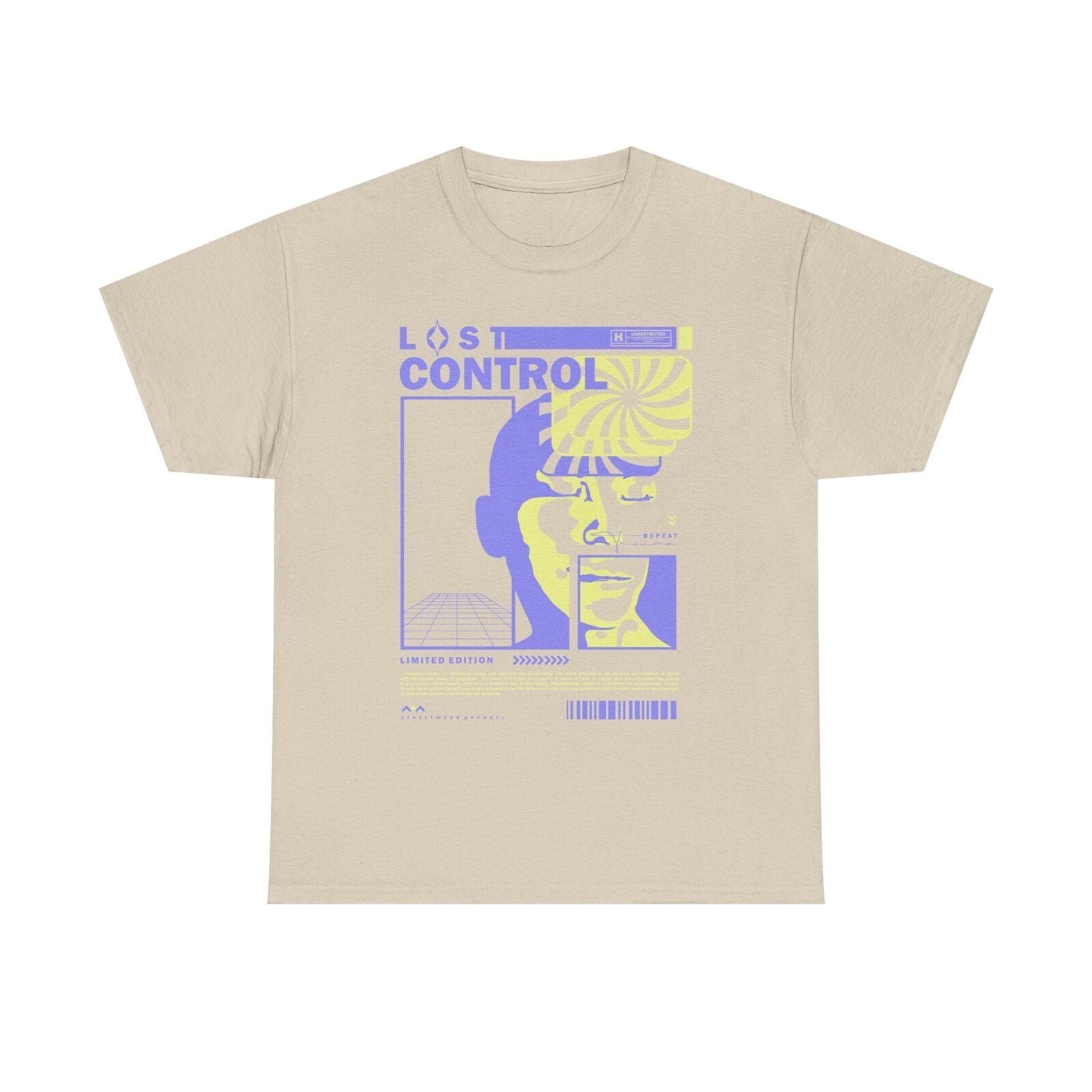Vibrant Graphic T-Shirt Design Featuring 'LOST CONTROL' with Surreal Elements