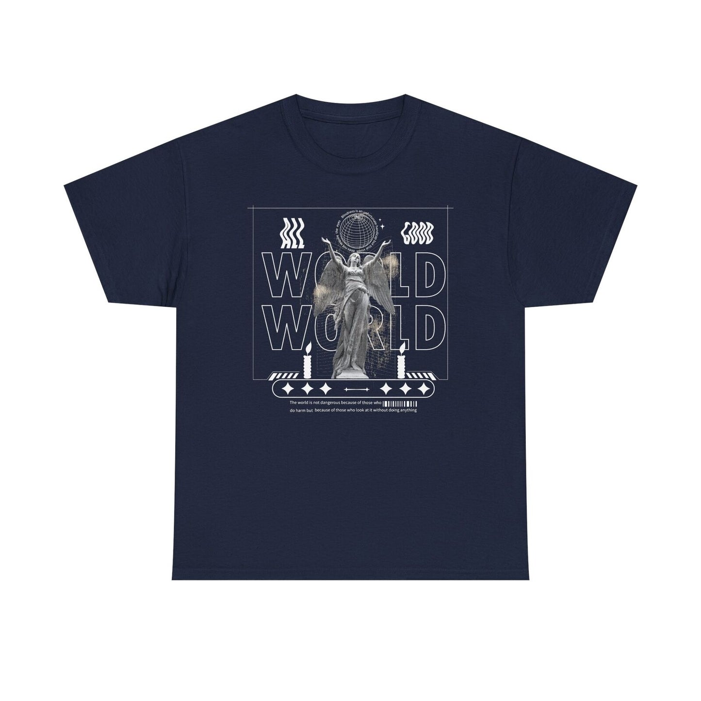 Eye-Catching Men's T-Shirt with Grayscale Angel Statue and Bold "WORLD" Design