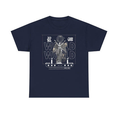 Eye-Catching Men's T-Shirt with Grayscale Angel Statue and Bold "WORLD" Design