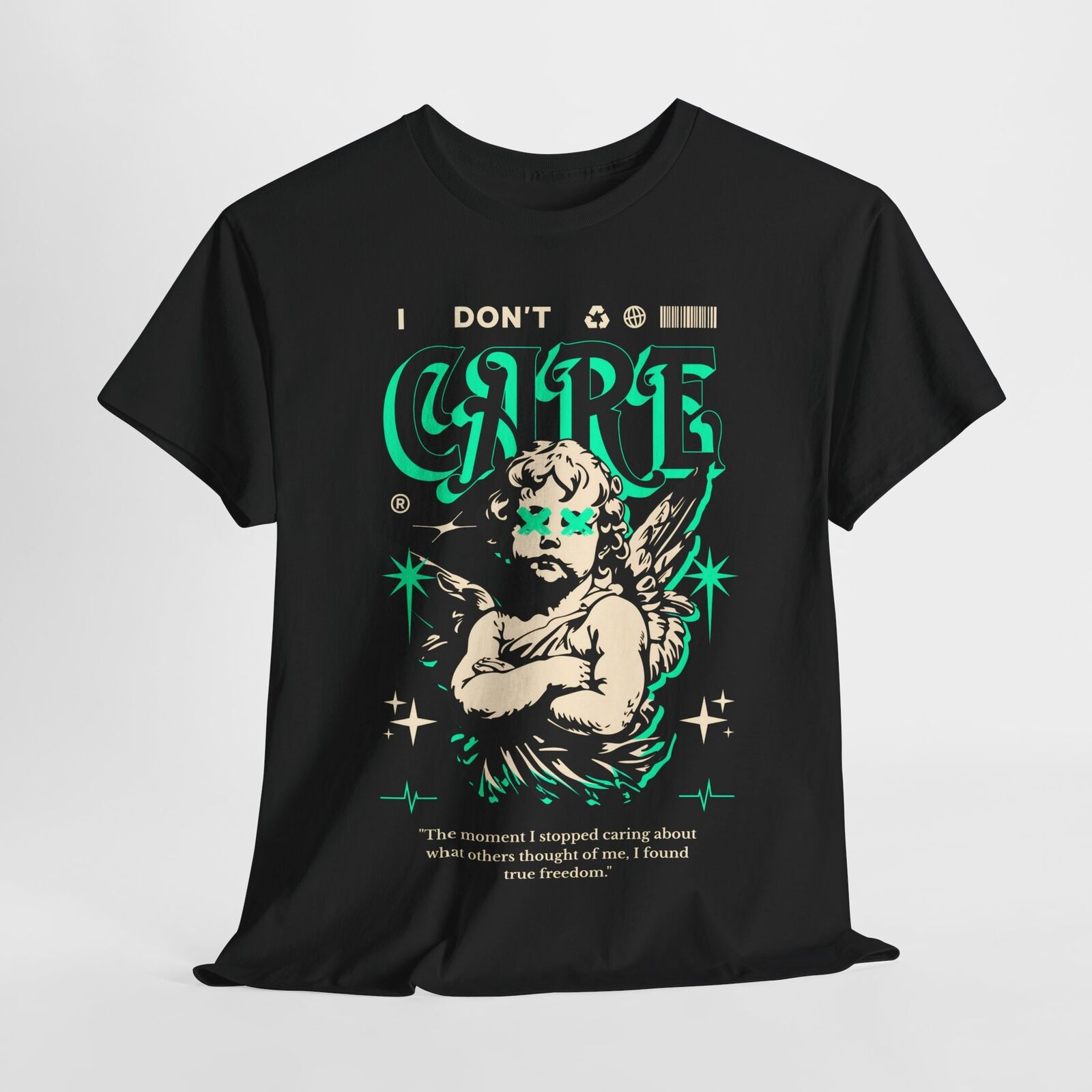 Men's T-Shirt with Unique CARE Design, Cherubic Angel, and Inspirational Quote