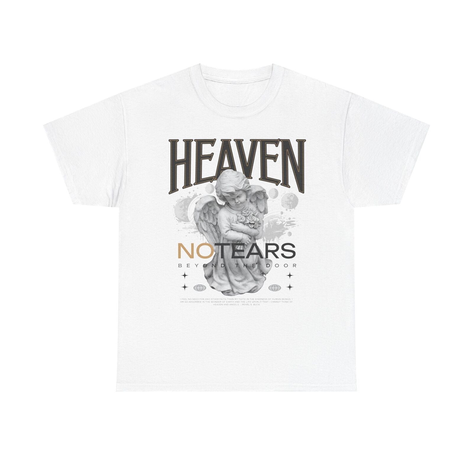 Heaven No Tears Graphic Men's T-Shirt Cherubic Angel Design with Celestial Style