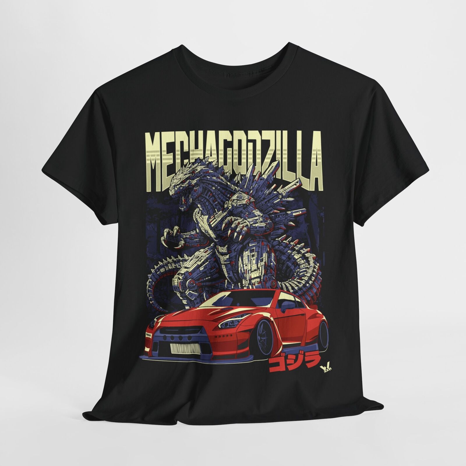 Epic MechaGodzilla Graphic Tee - Pixel Art, Cityscape & Sports Car Design