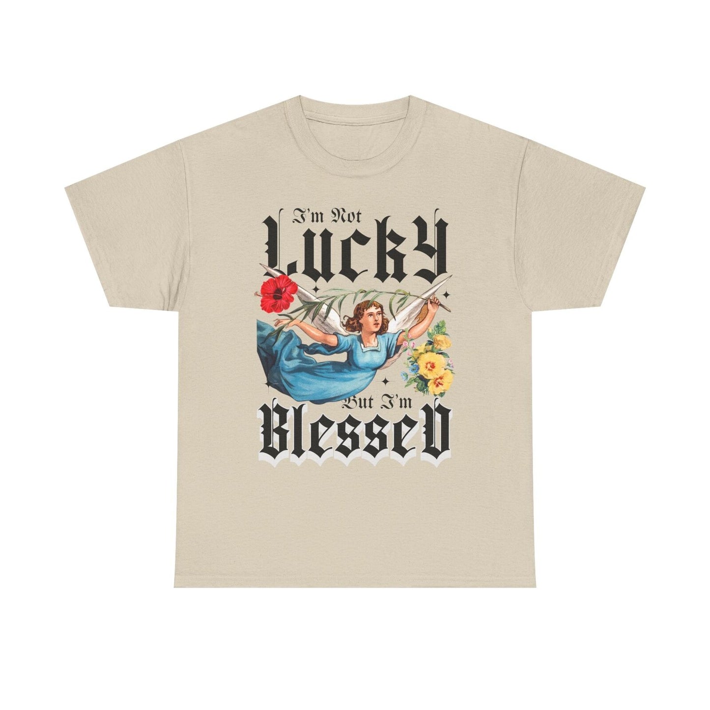 Vintage Mens T-Shirt "I'm Not Lucky But I'm Blessed" with Angel Design & Florals