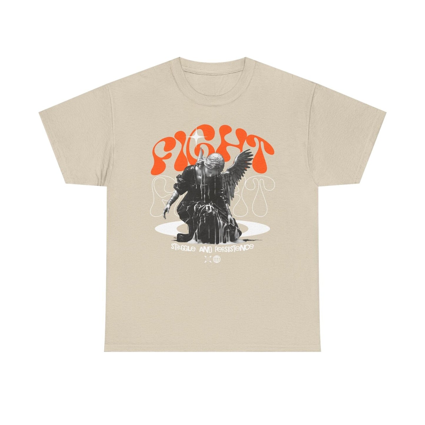 Angelic Men's T-Shirt Design: Grayscale Winged Figure with Bold "FIGHT" Graphics